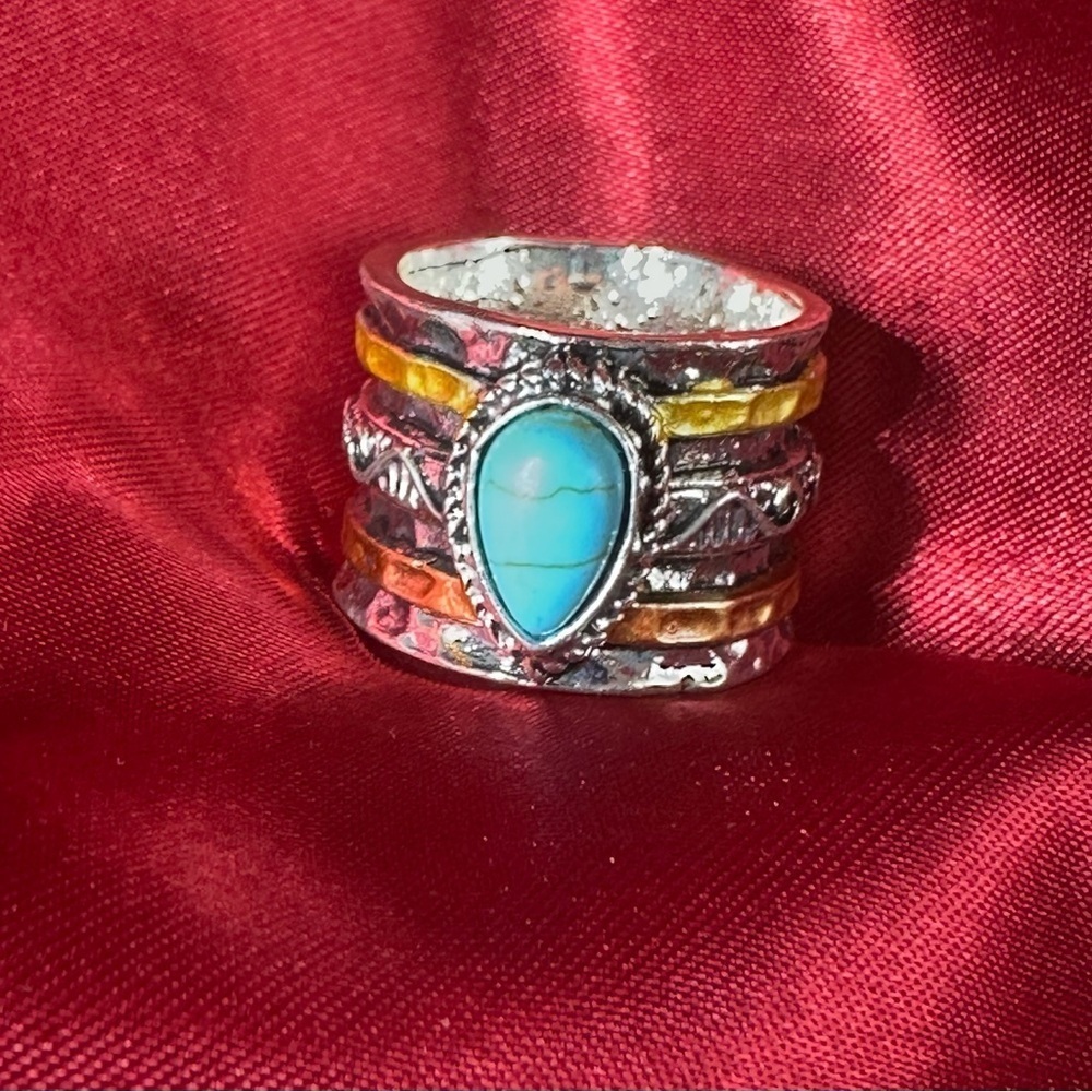 Vintage-Style Wide Band Ring with Turquoise Inlay | Boho Statement Ring